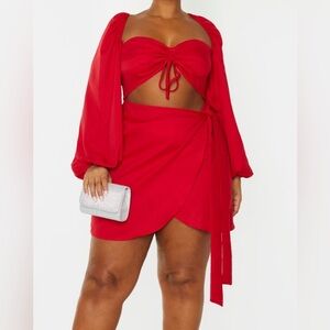PrettyLittleThing Plus Red Ruched Cut Out Bodycon Dress - SZ 16